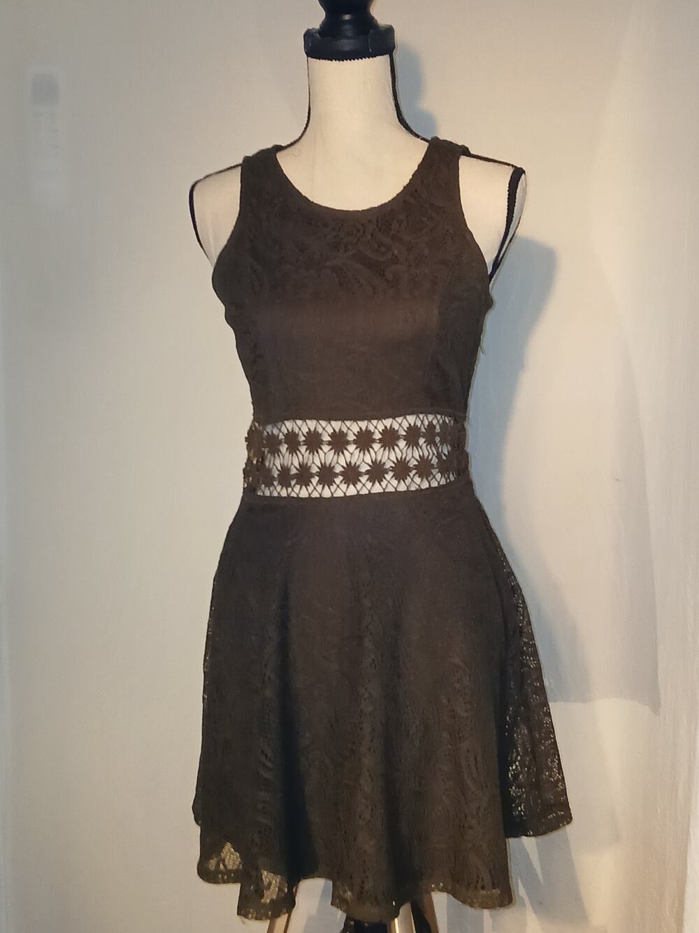 Bailey Blue Black Lace Skater Dress M Sheer Floral Waist Goth Chic
